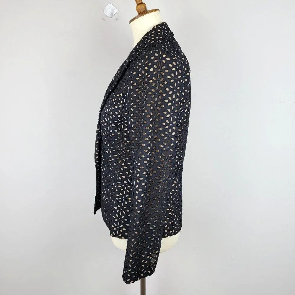 Michael Kors Made In Italy Black Caramel Cotton Silk Embroidered Cutout Blazer 6